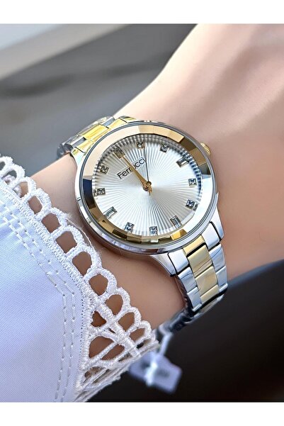 Ferrucci ساعة نسائية بسوار معدني فضي وذهبي ومينا من الحجر الأبيض