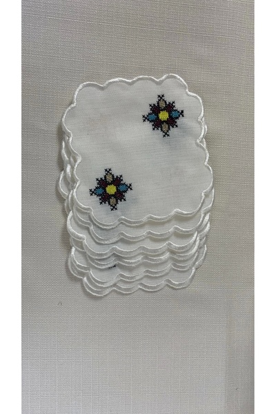 NİVEMESHOME Kanavi̇çe Embroidered Square (6 Pcs) Linen Cocktail Servette Coffee so Presentation