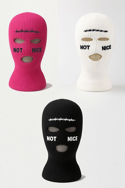 Belifanti Collection Barbed Wire Note Nice Embroidered Knitted Mask Set of 3 Black White Fuchsia