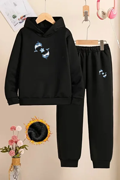 CLAYES Children's Black Tracksuit Set-2-Piece Dolphin Printed-Embossed Fabric