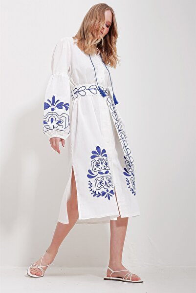 VAGGON Women's White Judge Collar Belted Double Slit Linen Dress Prmx11570