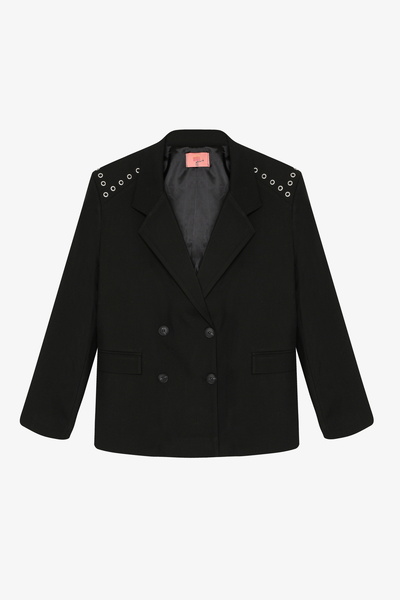 Quzu Bird's Eye Detailed Double Button Oversize Blazer Jacket Black