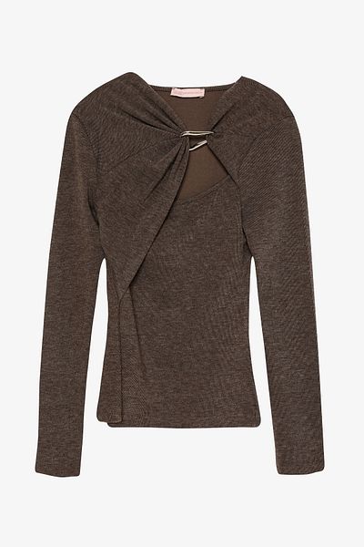 Quzu Draped Asymmetrical Neckline Blouse with Ring Accessories Brown