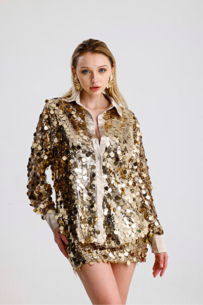 Sense Βραδινό πουκάμισο με σατέν γαρνιρισμένο παγιέτες |   GML36395 Χρυσό