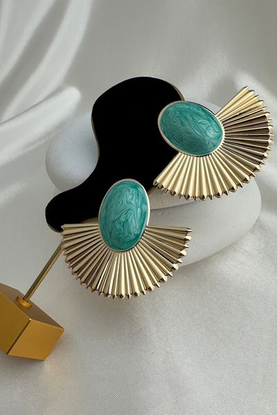 Modex Gold Color Pearlescent Enamel Fan Oval Stone Stud Earrings (6Cm*5Cm)
