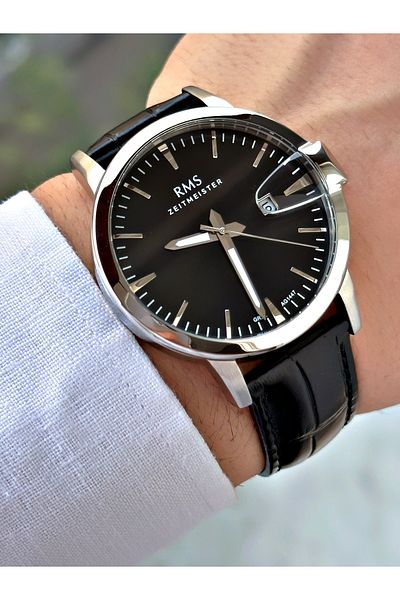 Romanson Special Design Leather Cord Black-Silver Color Steel Case Men Wrist Watch 1447.02Mr