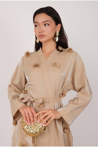 HEQA Floral Appliqued Abaya Dark Beige