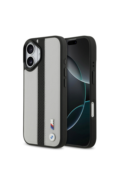 BMW iPhone 17 Uyumlu Kılıf Lisanslı M-safe Şarjlı Deri Metal Logolu Delikli Şerit Kapak Gri