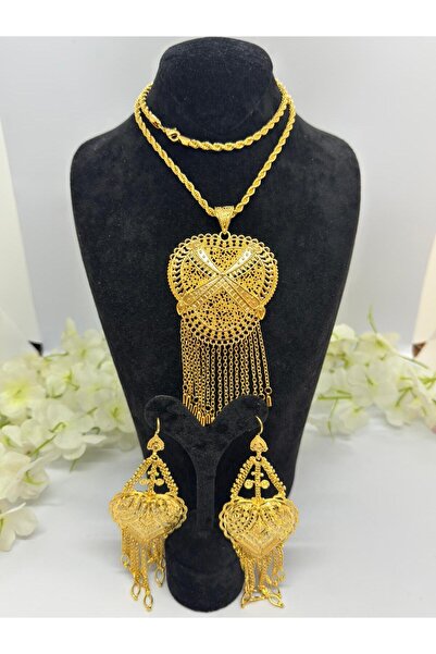 LAVDERUAR 22 Ayar Altın Kaplama Hint Motifli Set Kolye Ve Küpe 527