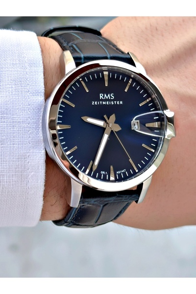 Romanson Special Design Leather Cord Navy Blue-Silver Color Steel Case Men Wrist Watch 1447.03Mr