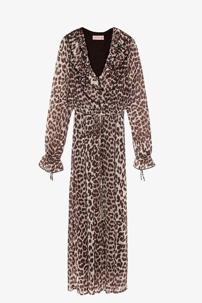 Quzu Leopard Patterned Flounce Collar Midi Dress Beige