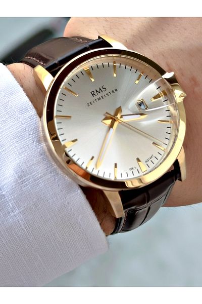 Romanson Special Design Leather Cord Brown-Gold Color Steel Case Men Wrist Watch 1447.05Mr