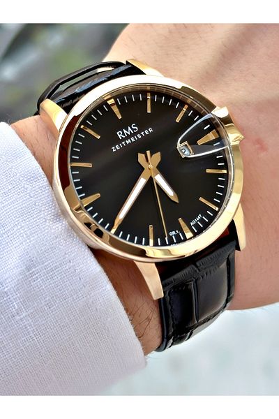 Romanson Special Design Leather Cord Black-Gold Color Steel Case Men's Wrist Watch 1447.04Mr
