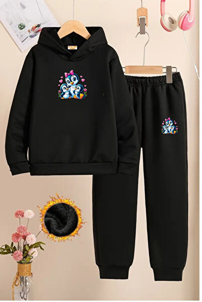 Sweetline Детски черен спортен екип - с принт на пингвин - от шардонова тъкан