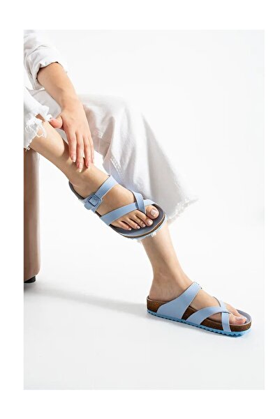 Doreva Flip Flops albastru, flexibili, cu bandă dublă, confortabile, din piele artificială, papuci de zi cu zi pentru femei