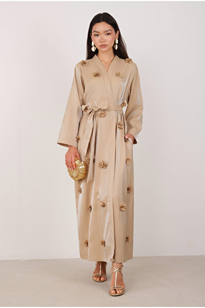 HEQA Çiçekli Aplikeli Abaya Koyu Bej