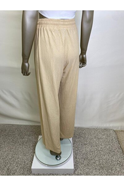 owwon Women's Beige Seersucker Palazzo Trousers with Elastic Waist