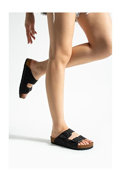 Doreva Black Flexible Double Buckle Faux Leather Comfortable Daily Women's Slippers