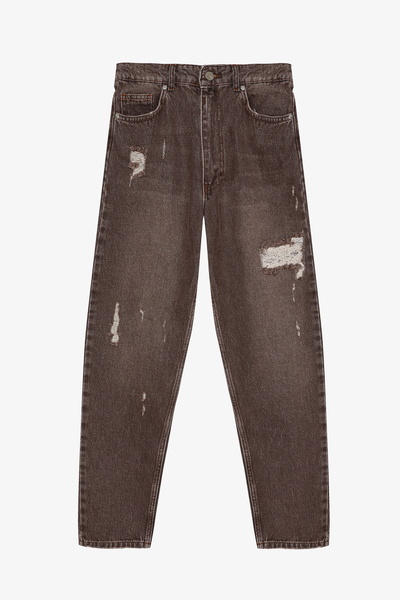 Quzu Torn Detailed Mom Jean Brown with Tumbled Look