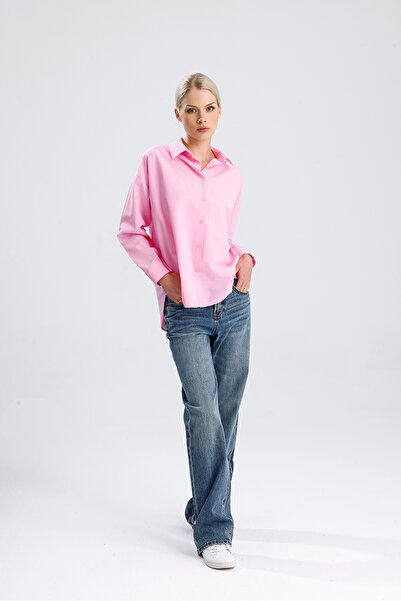 nikka Kadın Pembe Oversize Uzun Basic Gömlek