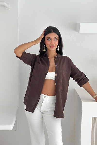FEMELLE Women's Brown Wooden Buttoned Folding Sleeve Double Pocket Casual Flowy Loose Fit Shirt