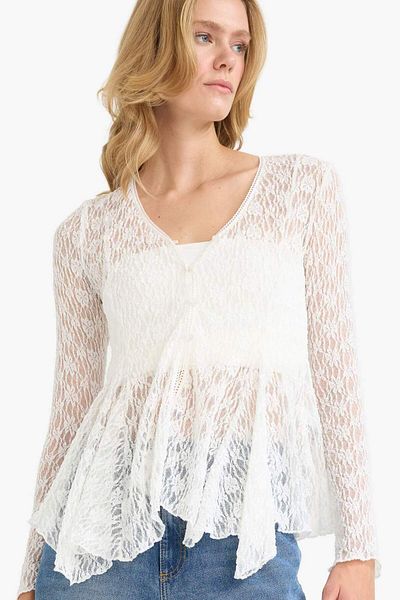DeFacto Fitted V Neck Button Lace Long Sleeve Blouse G0616Ax25Au