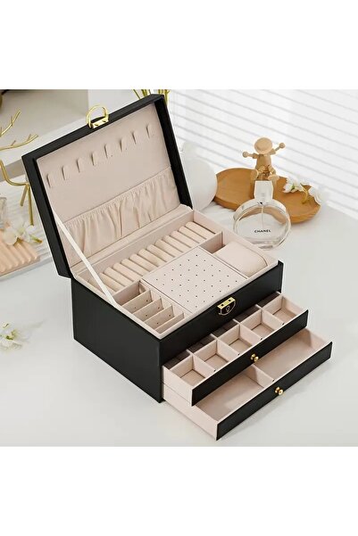 gaman Three Layer 2 Drawer Jewelry Box - Large Capacity, Necklace, Earring, Ring and Watch Organizer