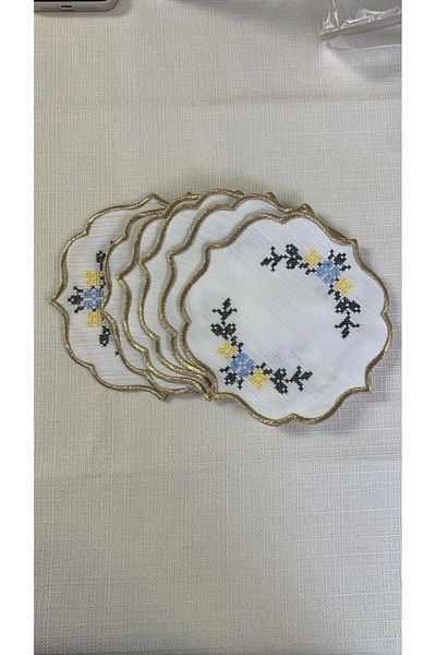 NİVEMESHOME Kanavi̇çe Embroidered Yellow-Blue Oval (6 Pcs) Linen Cocktail Servette Coffee so Presentation
