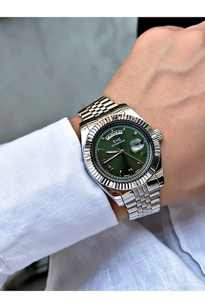 Romanson Silver-Green Color Steel Cord Steel Case Men's Wrist Watch with Calendar 1349.06Mr