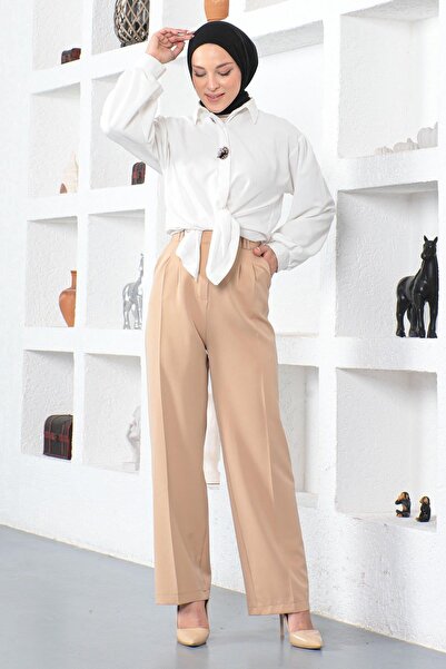 Missvalle Wide Leg Fabric Trousers Beige 6056