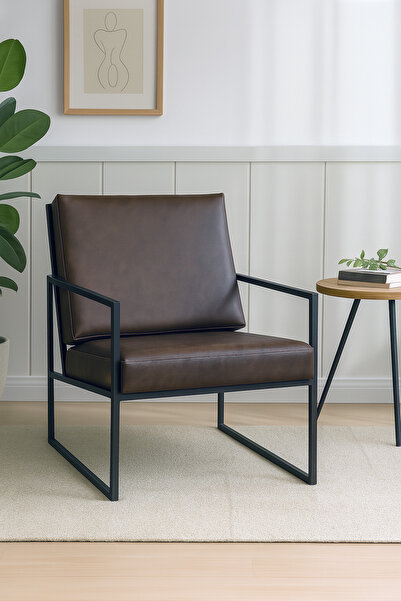 WATERYBROOK Tekli Koltuk, İskandinav Berjer, Balkon, Bahçe, Ofis Çay Seti, Deri Kumaş, Metal İskelet