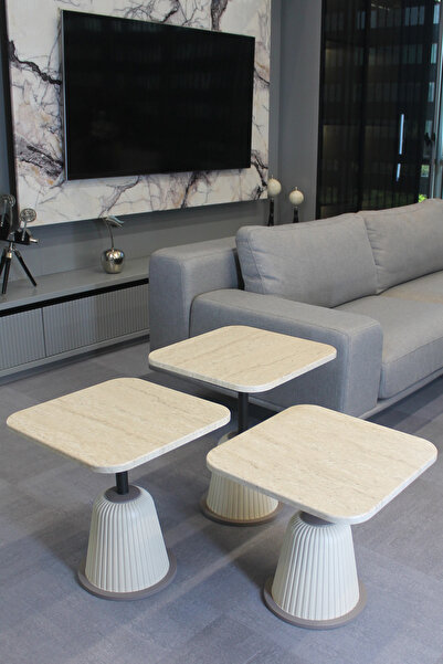 DECORAMİS Venedik Zigon Sehpa Traverten Mdf - Zigon Sehpa 3'lü