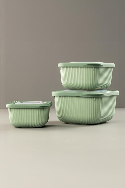EWs Square 3 Piece Vacuum Sealed Air-Free Storage Container Set Green (1800/1100/600 ml)
