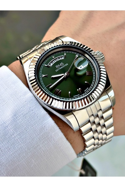 Romanson Silver-Green Color Steel Cord Steel Case Men's Wrist Watch with Calendar 1349.06Mr