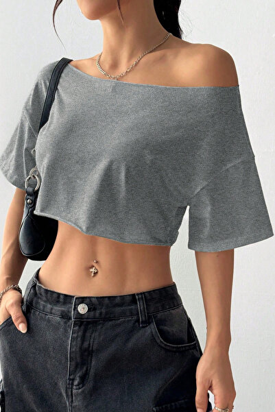 COOL TARZ Γυναικείο μπλουζάκι σε γκρι λαιμόκοψη, oversize crop