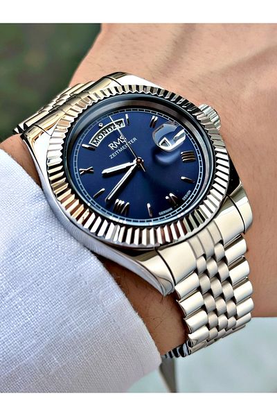 Romanson Silver-Blue Color Steel Cord Steel Case Men's Wrist Watch with Calendar 1349.04Mr