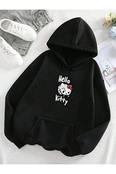 De Carte HelloKitty majica sa kapuljačom sa sumnjivim printom - ženska crno-s...