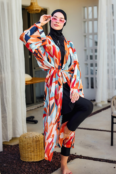Remsa Mayo Remsa Hijab Swimsuit with Single Kaftan Kimono Pareo Orange RP027 Lotus