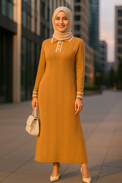 semela New Season Buttoned Polo Neck Long Knit Dress
