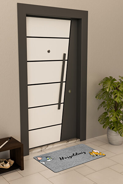 Dormot Yüksek Kaliteli Dijital Baskı Gri, Tom ve Jerry temalı Kapı Önü Paspası