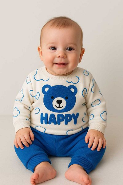 ruhaay Cute Teddy Bear Punch Embroidered Printed Long Sleeve Waffle Fabric Bottom Top Monthly Baby Set