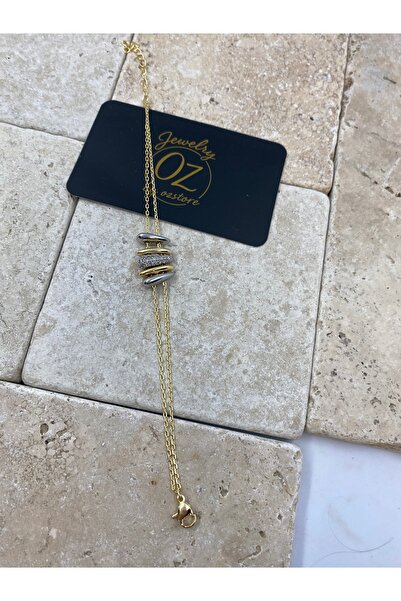 14k altın kaplama gold zincir üzeri gümüş ve gold uyumlu taşlı kadın bileklik künye
