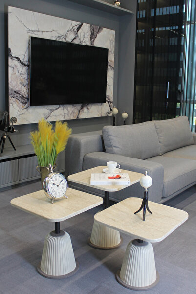 DECORAMİS Venedik Zigon Sehpa Traverten Mdf - Zigon Sehpa 3'lü