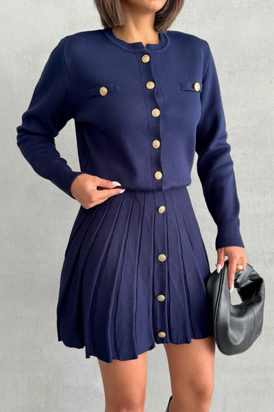 Lusin Women's Navy Blue Button Detailed Cardigan Skirt Double Knitwear Suit S/M (New Color)