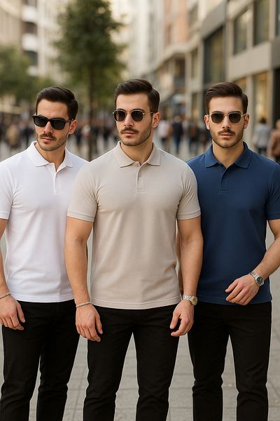 COMBİNE MİCHAİL Men's 3 Pack Comfortable Loose Polo Neck T-Shirt