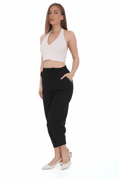 FOUROWL Women's High Waist Slim Summer Casual Loose Cotton Slouchy Fit Basic Ankle Length Pants with Elastic Waist