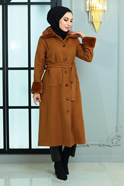 Missvalle Γούνινο παλτό με λεπτομέρειες Kachet Καφέ 19175