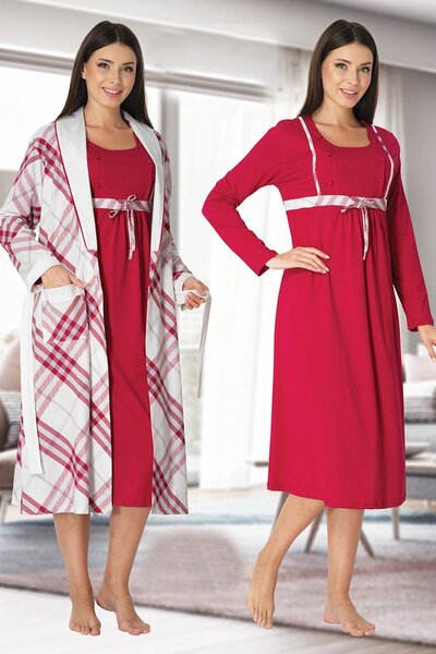 Lohussa Women's Fuchsia Patterned Long Sleeve Winter Cotton Maternity Maternity Dressing Gown Nightgown Set