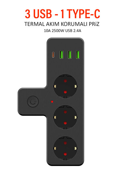 EXENAR USB Type-C Priz Dönüştürücü Şarj Adaptörü Priz-3 USB-1 Type-C Girişli Çoklu Fiş Priz Çoklayıcı 2500W
