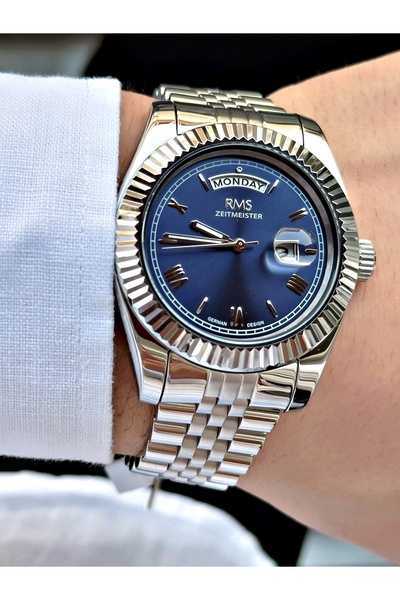 Romanson Silver-Blue Color Steel Cord Steel Case Men's Wrist Watch with Calendar 1349.04Mr